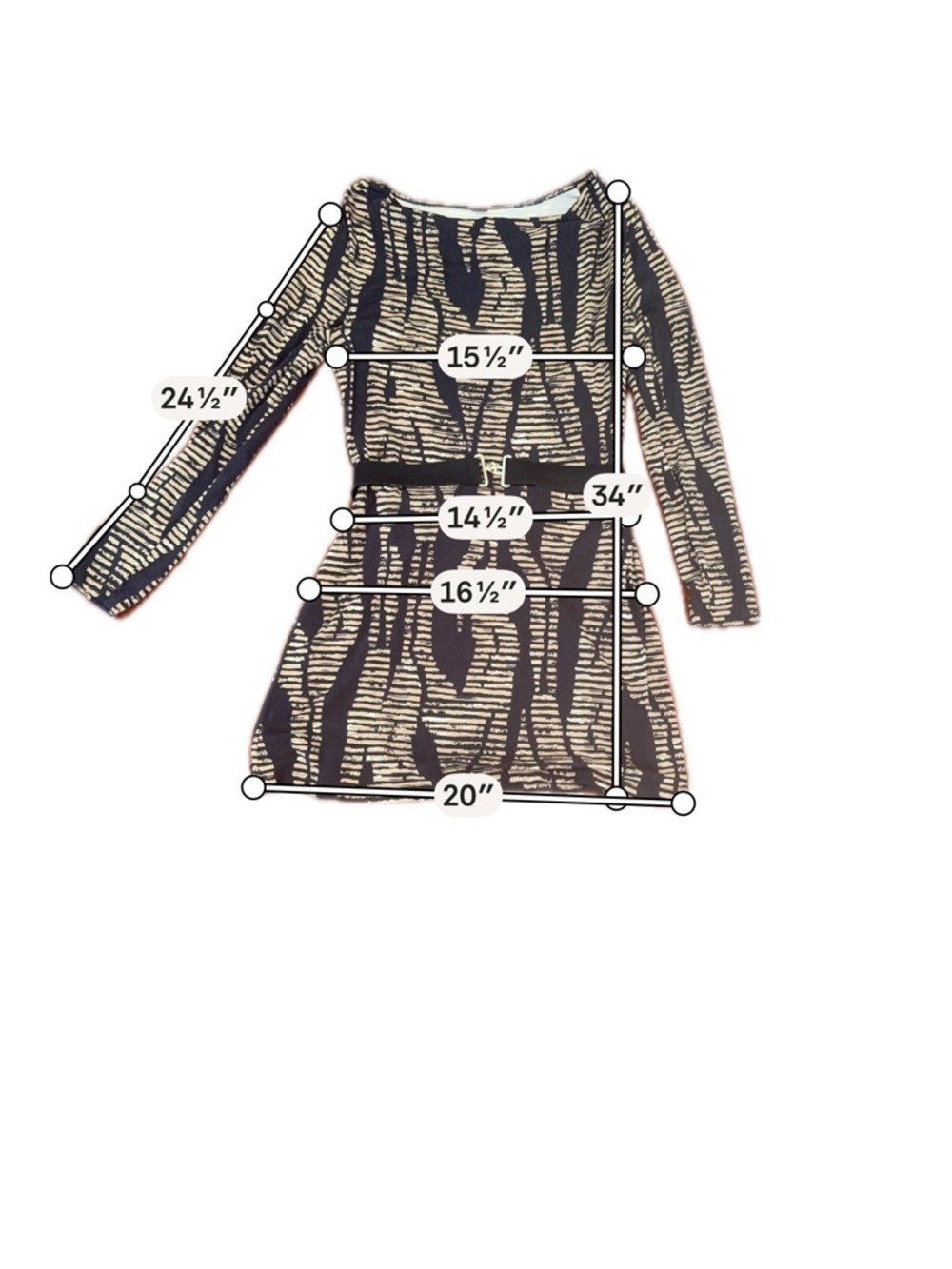 Long-Sleeve Black & Cream Patterned Mini Dress with Belt Accent - Picture 4 of 5